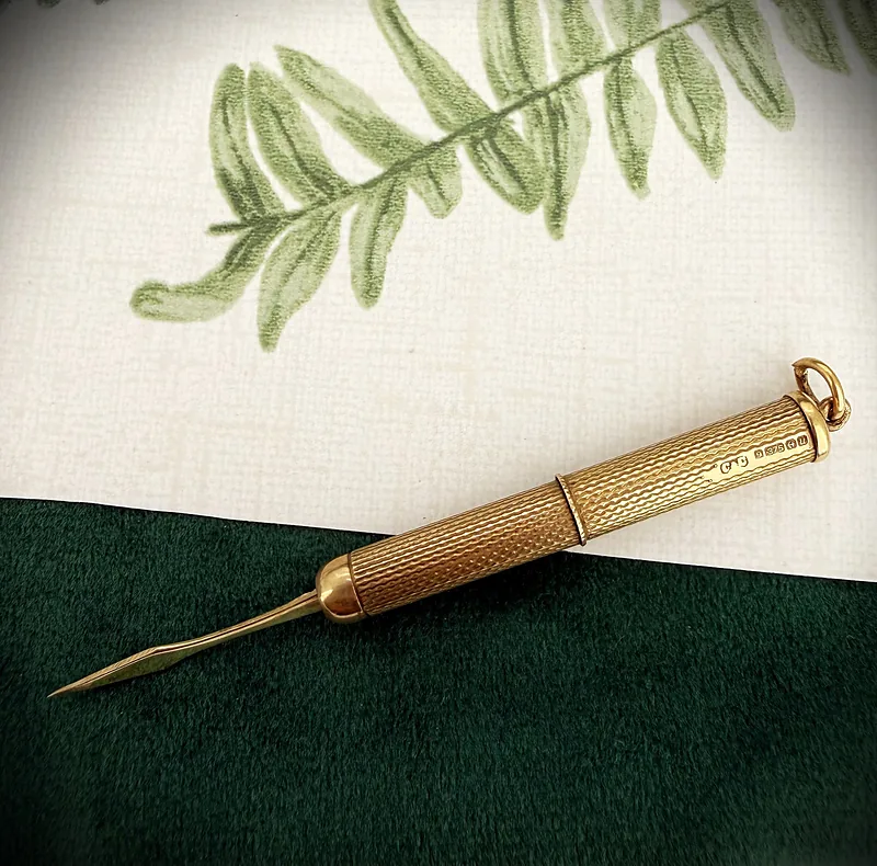 Vintage 9ct Gold Retractable Toothpick Pendant, Birmingham 1969
