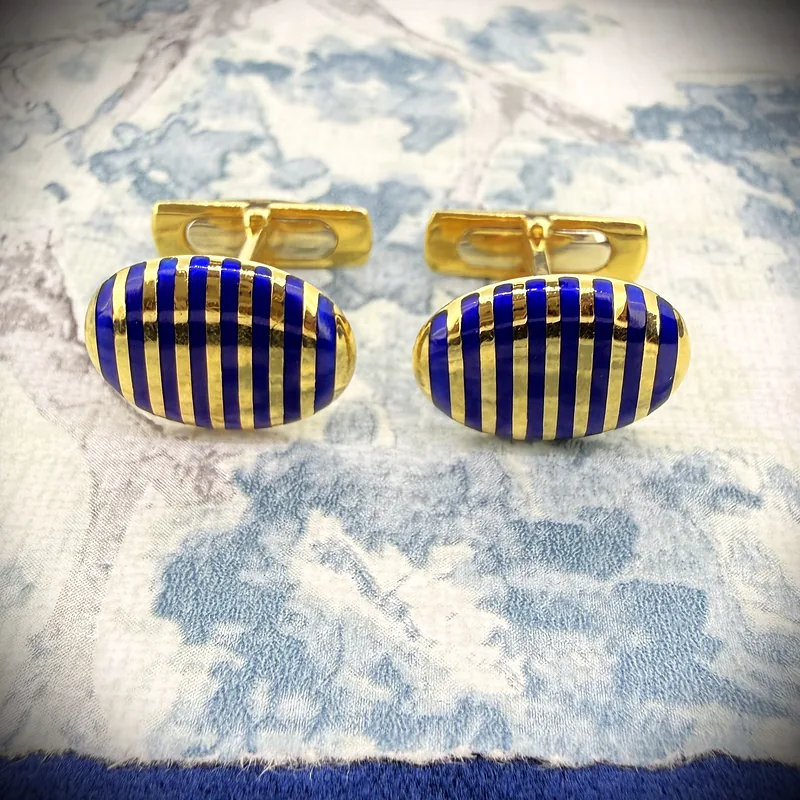 Vintage 18ct Yellow Gold Blue Enamelled Cufflinks, Sheffield 1992