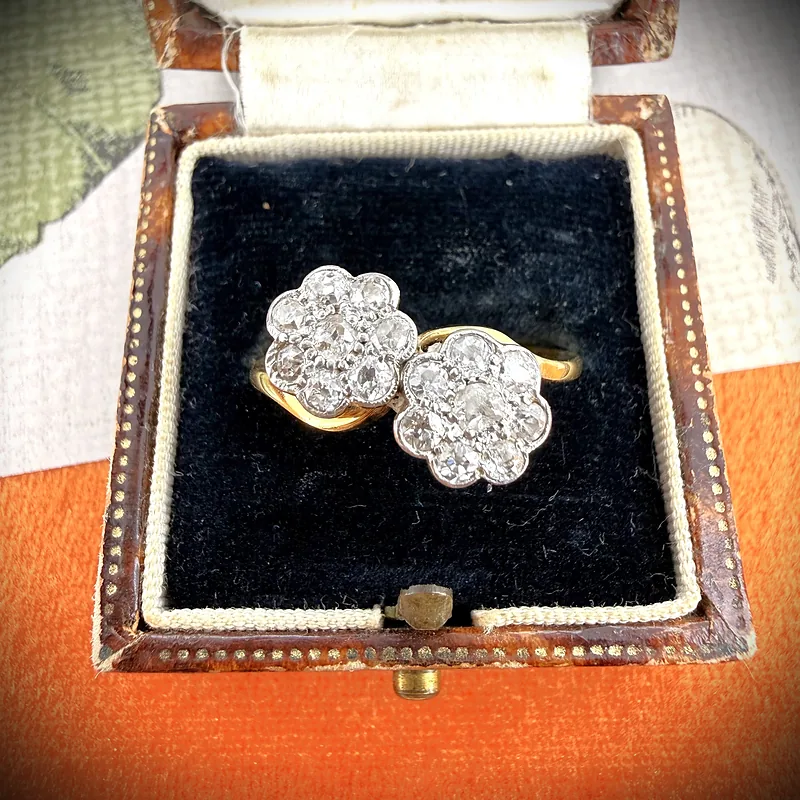 Antique 18ct Yellow Gold & Platinum Double Daisy Cluster Diamond Ring