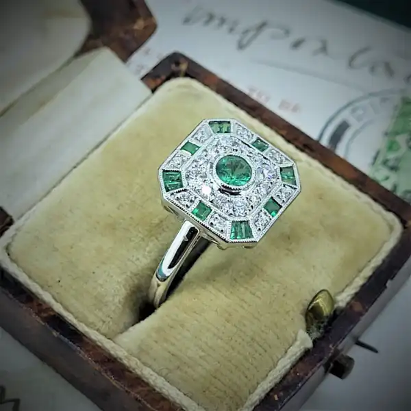 18ct Art Deco Fancy Emerald and Diamond Ring