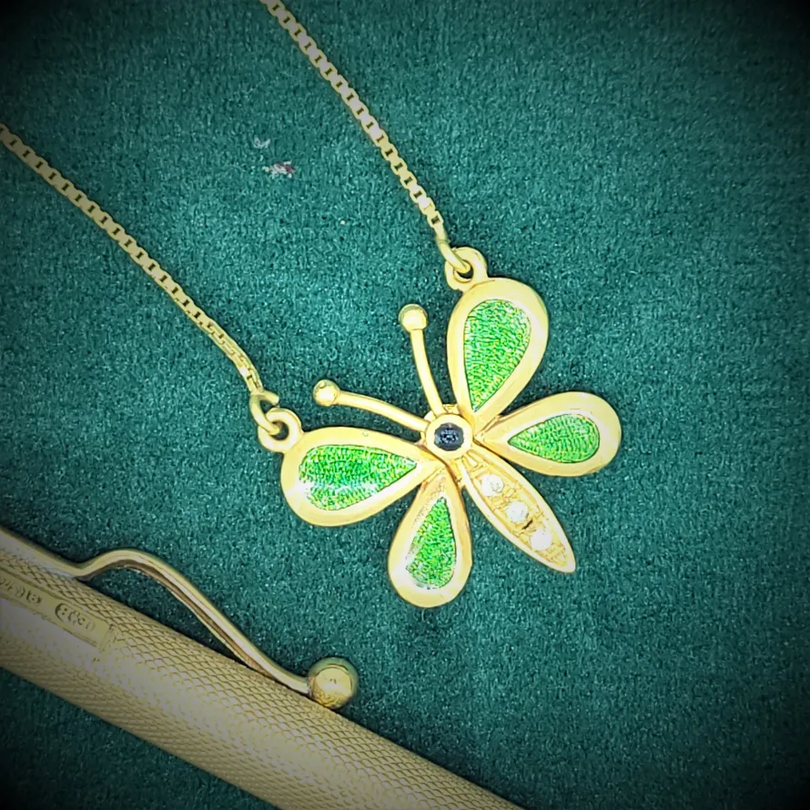 18ct Yellow Gold Enamelled Diamond Butterfly Necklace