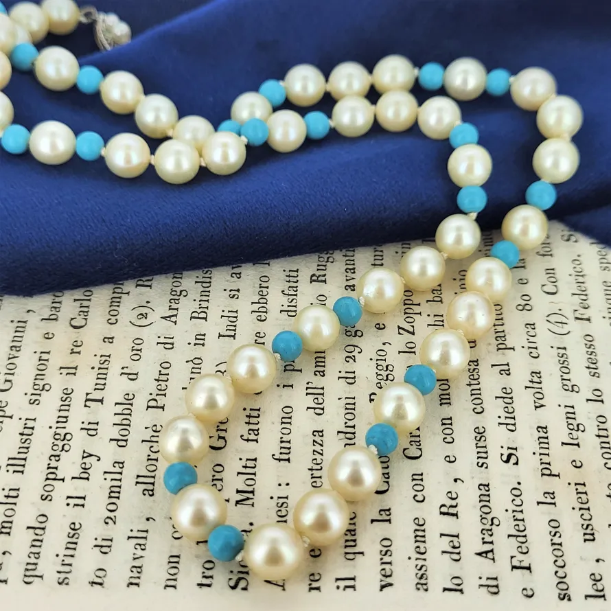 Vintage White Pearl and Turquoise Necklace  — image 2