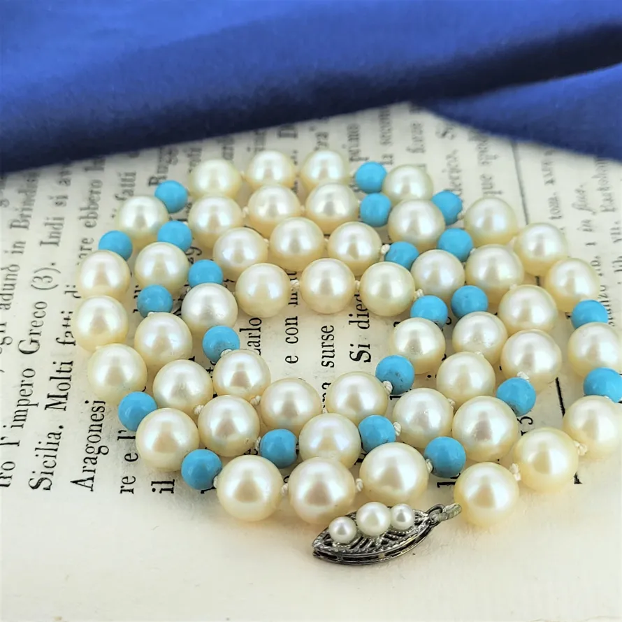 Vintage White Pearl and Turquoise Necklace  — image 3