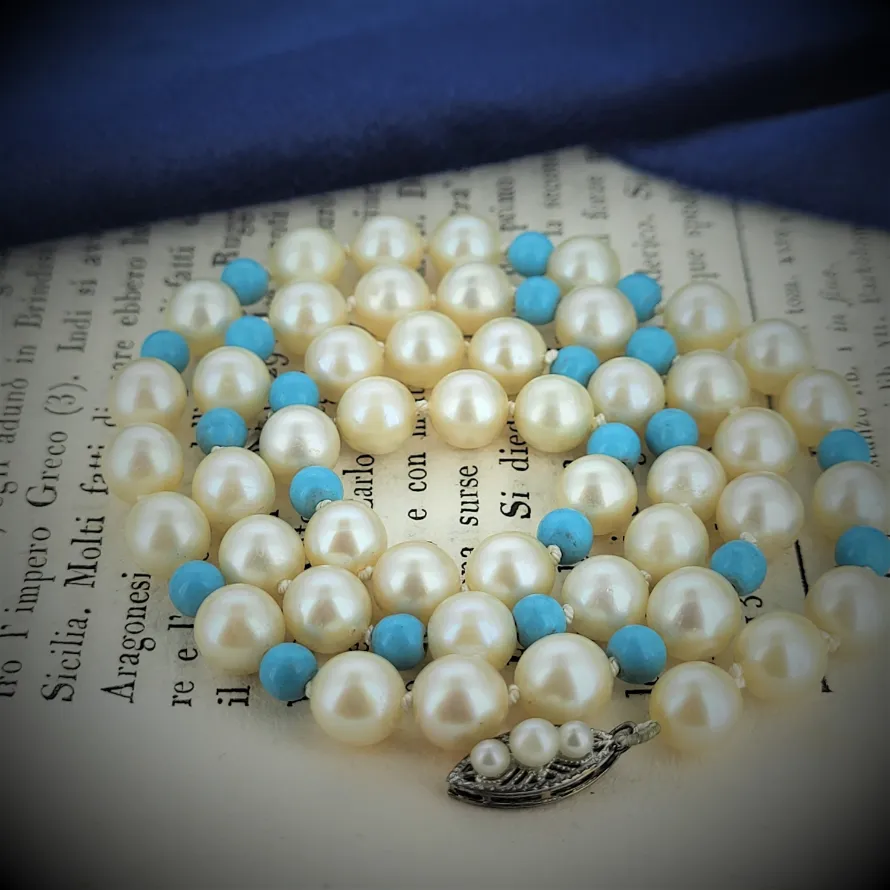 Vintage White Pearl and Turquoise Necklace