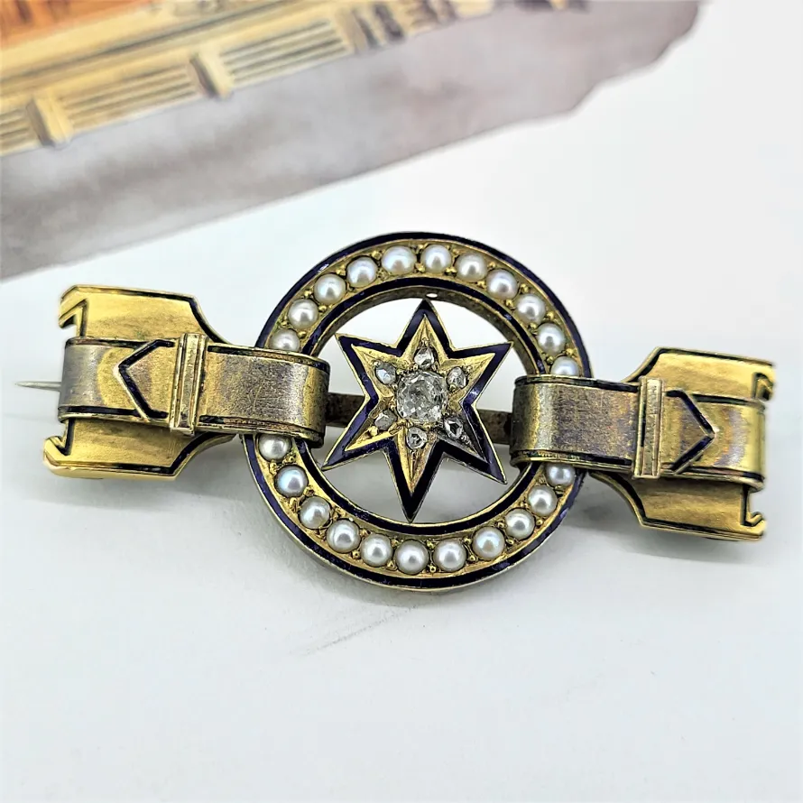 Victorian Diamond and Seed Pearl Enamelled Brooch — image 2
