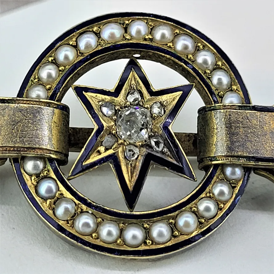 Victorian Diamond and Seed Pearl Enamelled Brooch — image 3