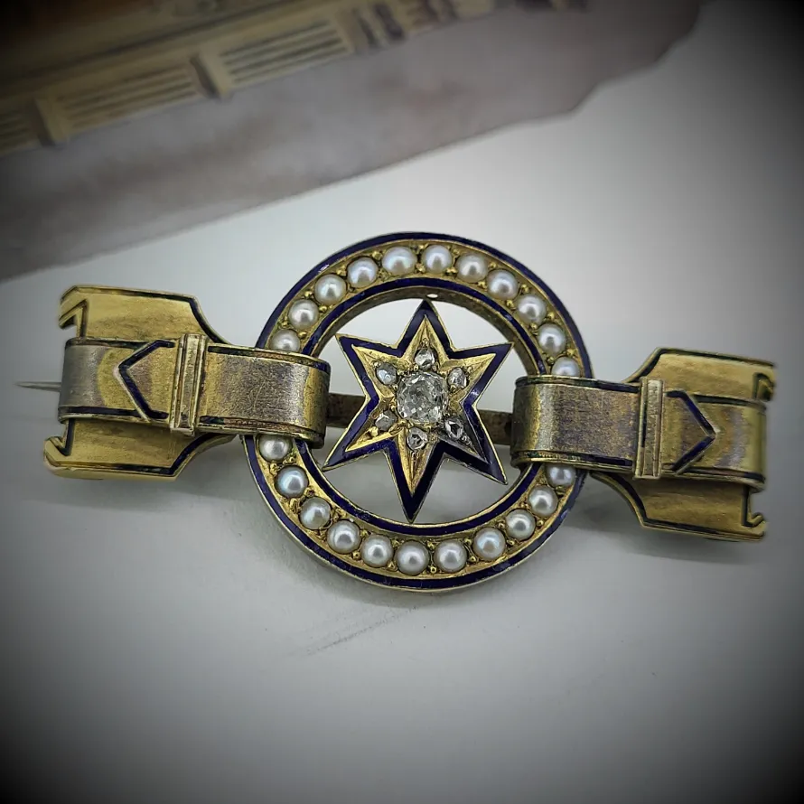 Victorian Diamond and Seed Pearl Enamelled Brooch