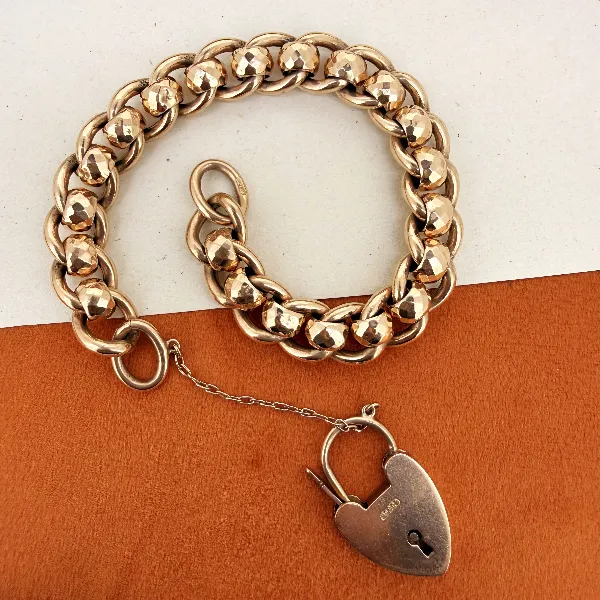 Antique 9ct Rose Gold Faceted Rollerball Charm Bracelet — image 3