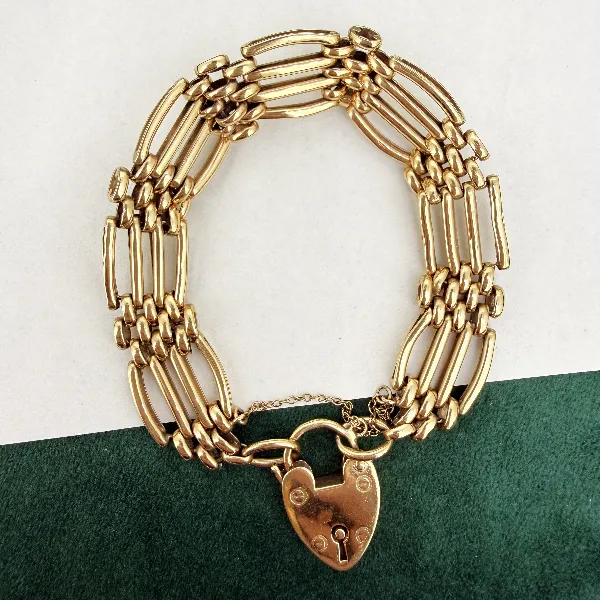 9ct Gold Gate Bracelet with Heart Padlock, Birmingham 1992 — image 2