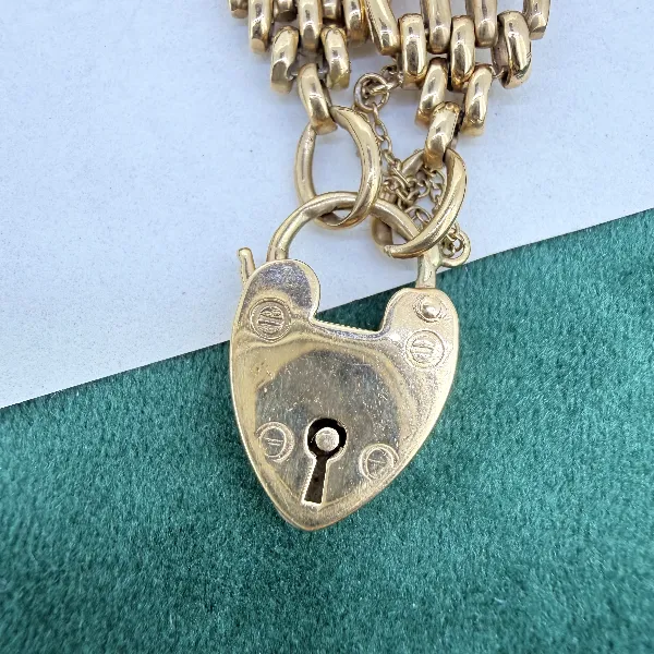 9ct Gold Gate Bracelet with Heart Padlock, Birmingham 1992 — image 5