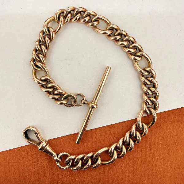 Vintage 9ct Rose Gold Figaro Albert Bracelet with T-Bar, Birmingham 1992 — image 2