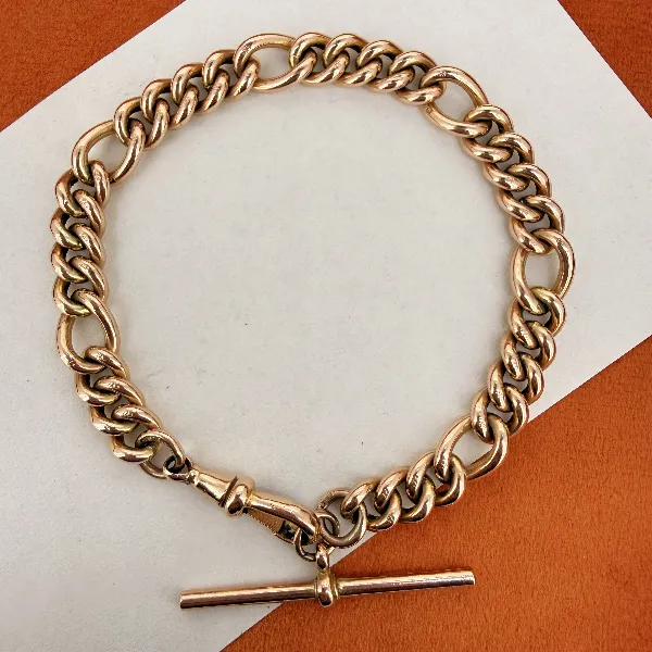 Vintage 9ct Rose Gold Figaro Albert Bracelet with T-Bar, Birmingham 1992 — image 3