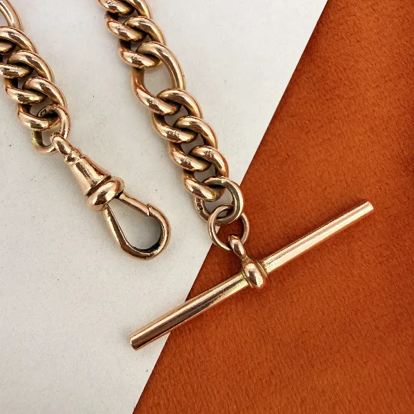 Vintage 9ct Rose Gold Figaro Albert Bracelet with T-Bar, Birmingham 1992 — image 6
