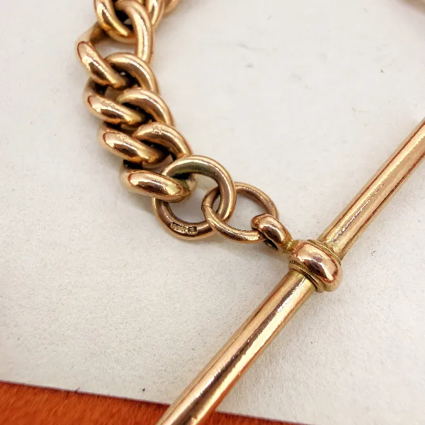 Vintage 9ct Rose Gold Figaro Albert Bracelet with T-Bar, Birmingham 1992 — image 7