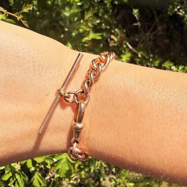 Vintage 9ct Rose Gold Figaro Albert Bracelet with T-Bar, Birmingham 1992 — image 10