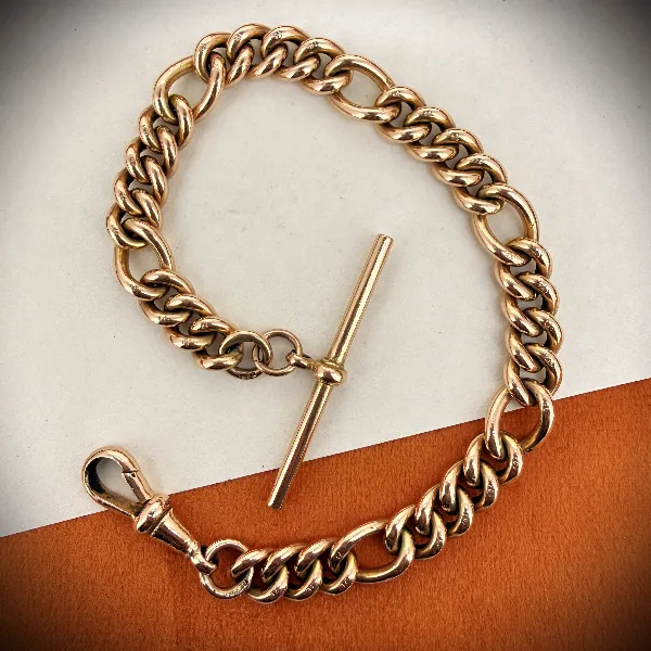 Vintage 9ct Rose Gold Figaro Albert Bracelet with T-Bar, Birmingham 1992