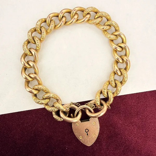 Victorian 9ct Rose Gold Charm Bracelet with Patterned Links — image 2