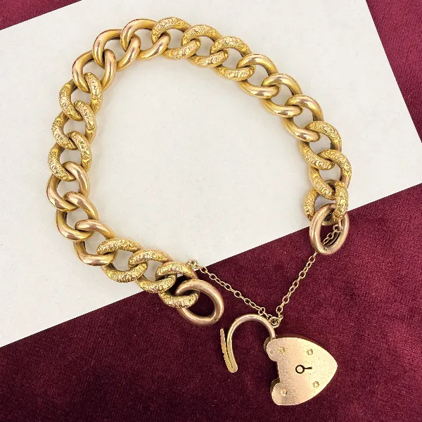 Victorian 9ct Rose Gold Charm Bracelet with Patterned Links — image 3
