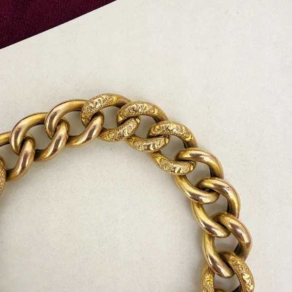 Victorian 9ct Rose Gold Charm Bracelet with Patterned Links — image 4