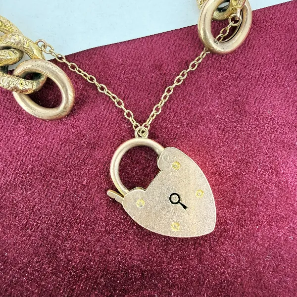 Victorian 9ct Rose Gold Charm Bracelet with Patterned Links — image 6