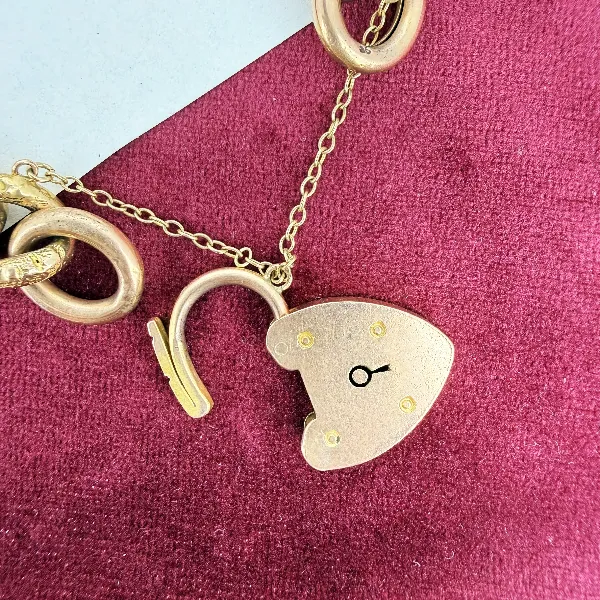 Victorian 9ct Rose Gold Charm Bracelet with Patterned Links — image 7