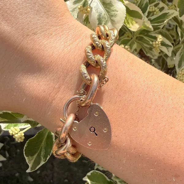 Victorian 9ct Rose Gold Charm Bracelet with Patterned Links — image 10
