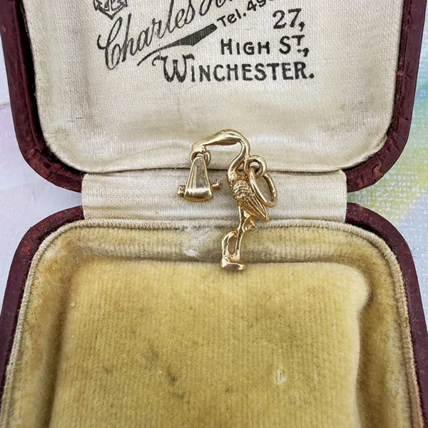 9ct Yellow Gold Stork A Carrying Baby Charm, Birmingham 1973 — image 4