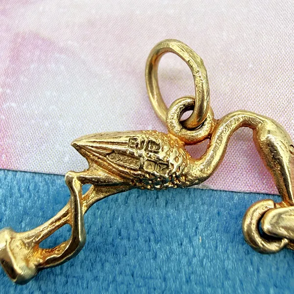 9ct Yellow Gold Stork A Carrying Baby Charm, Birmingham 1973 — image 7