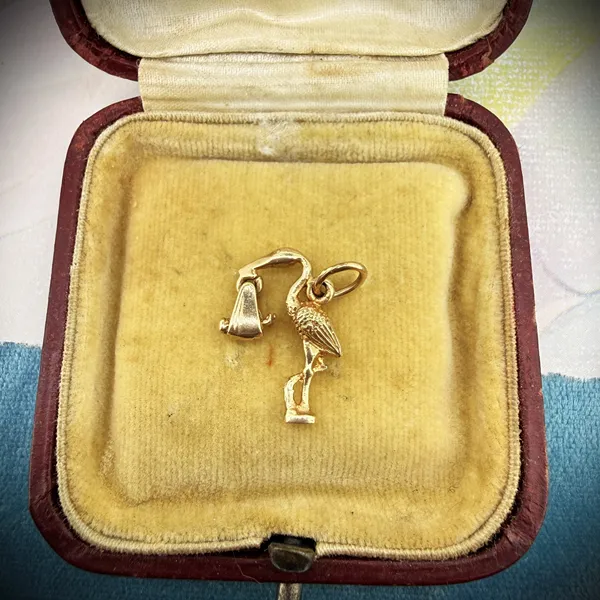 9ct Yellow Gold Stork A Carrying Baby Charm, Birmingham 1973