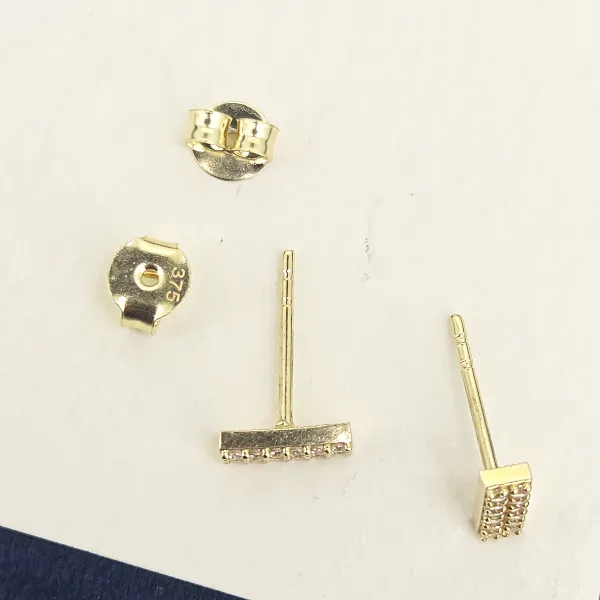 9ct Yellow Gold Double Row CZ Bar Stud Earrings — image 5
