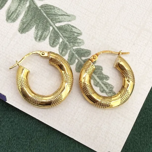 9ct Yellow Gold Textured Hoop Earrings - 10mm, Birmingham 1999 — image 5
