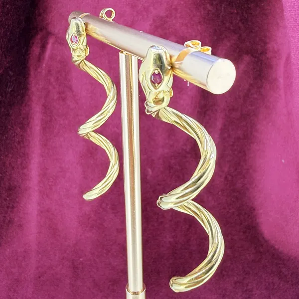 Antique 15ct Gold Snake Drop Earrings with Ruby Eyes — image 3