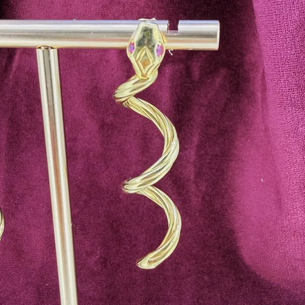 Antique 15ct Gold Snake Drop Earrings with Ruby Eyes — image 4