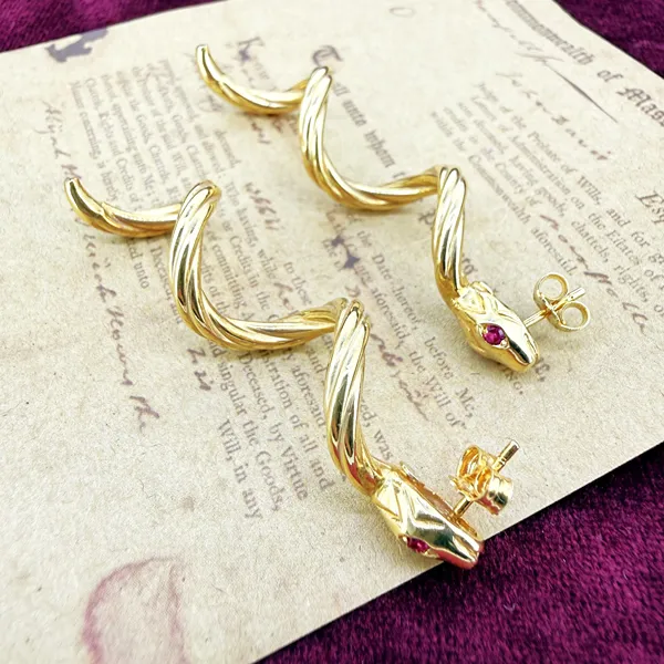 Antique 15ct Gold Snake Drop Earrings with Ruby Eyes — image 5
