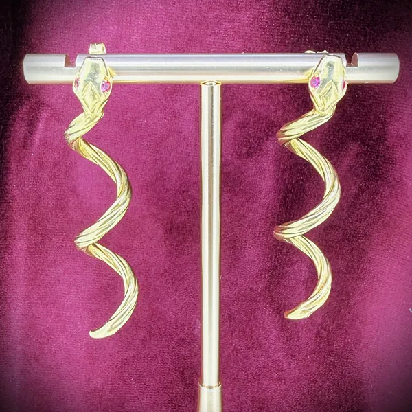 Antique 15ct Gold Snake Drop Earrings with Ruby Eyes