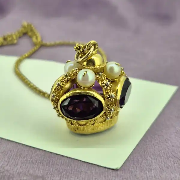 18ct Gold Etruscan Amethyst and Pearl Crown Fob Charm Pendant — image 4