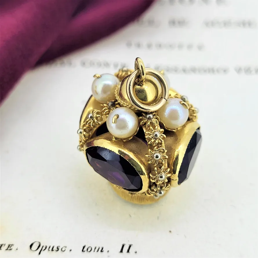 18ct Gold Etruscan Amethyst and Pearl Crown Fob Charm Pendant — image 6