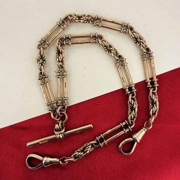 Antique 9ct Rose Gold Rope & Bar Link Albert Chain — image 2