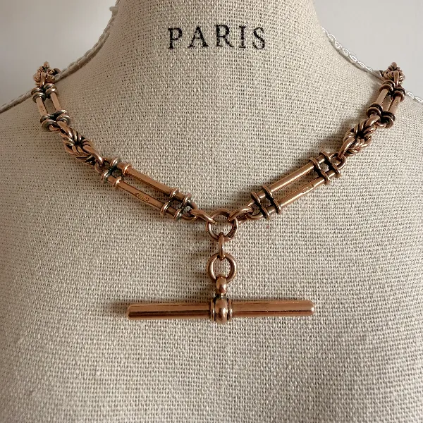 Antique 9ct Rose Gold Rope & Bar Link Albert Chain — image 11