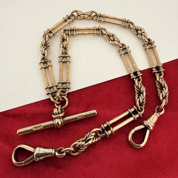 Antique 9ct Rose Gold Rope & Bar Link Albert Chain — image 3