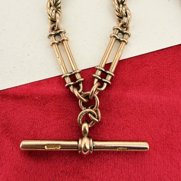 Antique 9ct Rose Gold Rope & Bar Link Albert Chain — image 4