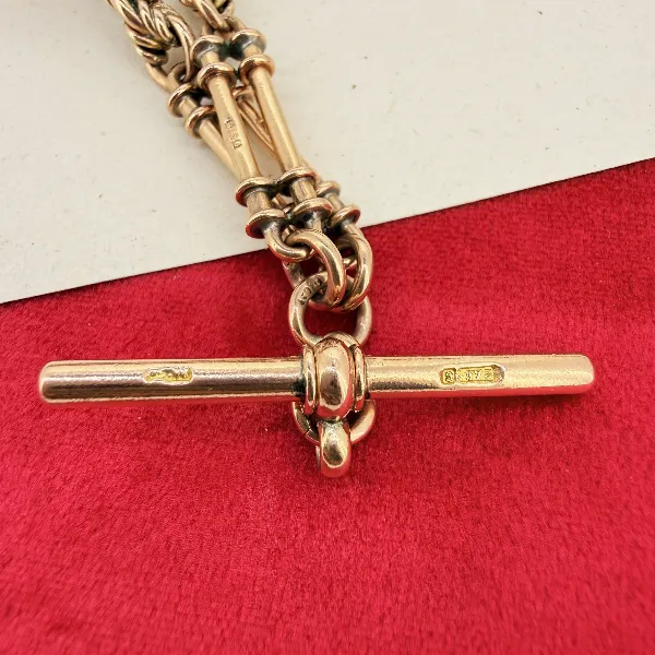 Antique 9ct Rose Gold Rope & Bar Link Albert Chain — image 5