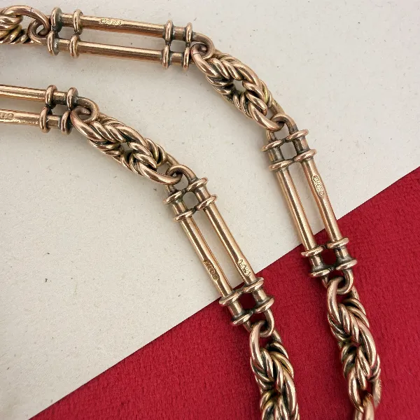 Antique 9ct Rose Gold Rope & Bar Link Albert Chain — image 6