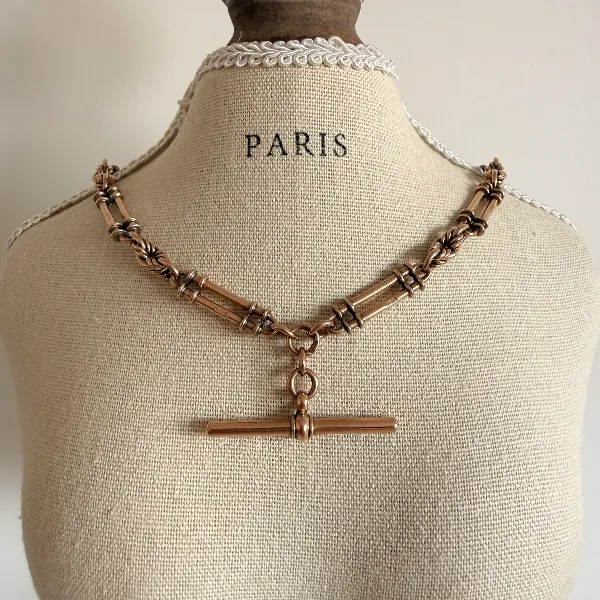 Antique 9ct Rose Gold Rope & Bar Link Albert Chain — image 10