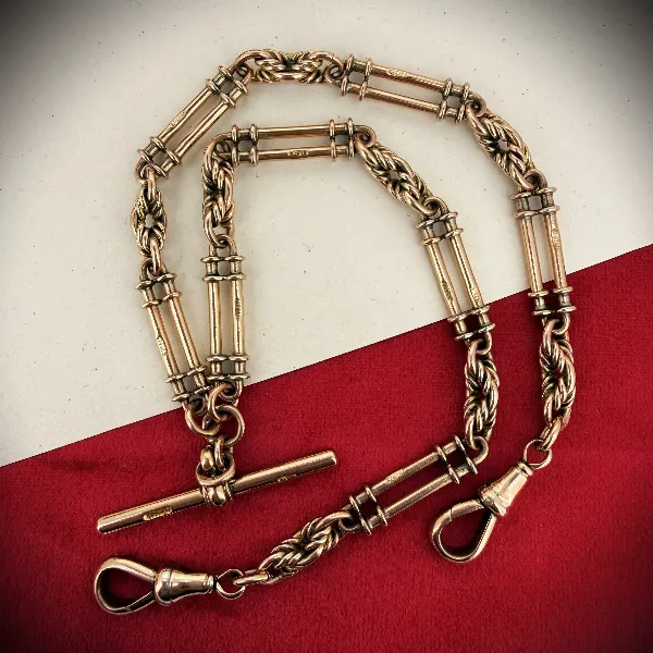 Antique 9ct Rose Gold Rope & Bar Link Albert Chain