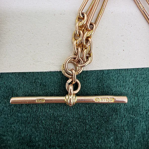 Antique 9ct Rose Gold Trombone Link Albert Chain — image 4