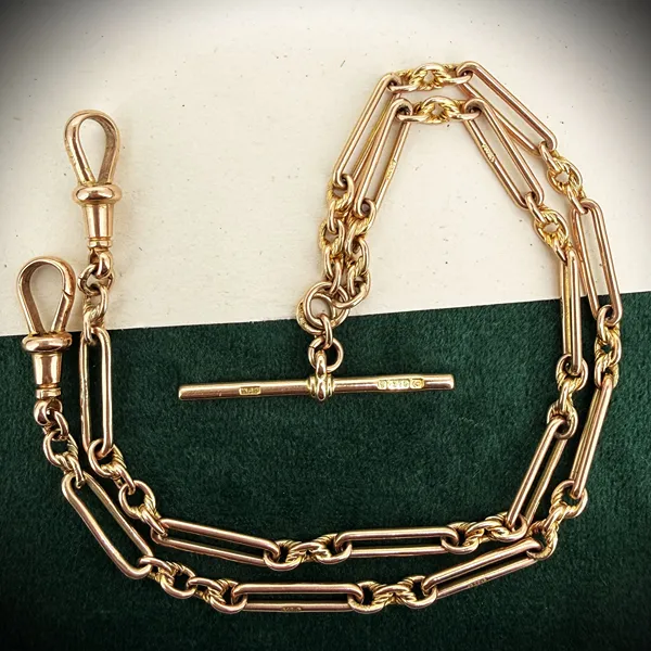 Antique 9ct Rose Gold Trombone Link Albert Chain