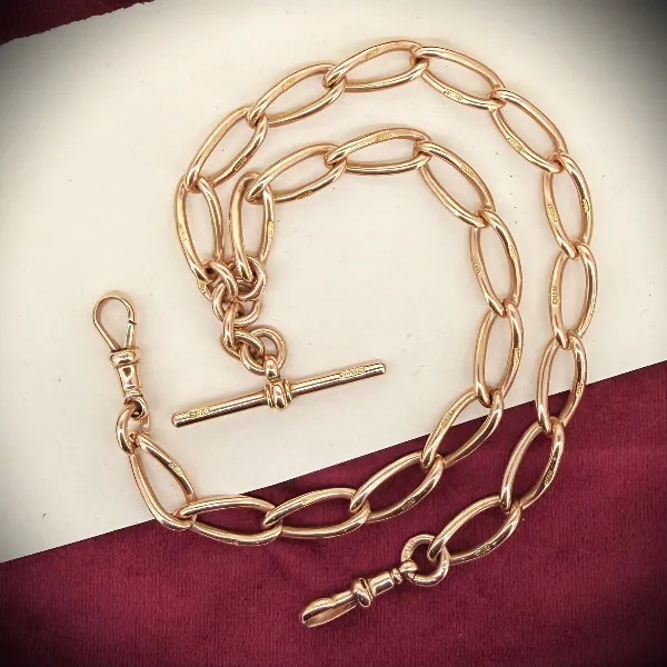Antique 9ct Rose Gold Twisted Oval Curb Albert Chain