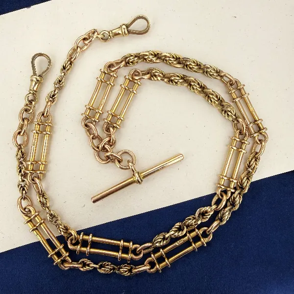 Heavy Antique 9ct Yellow Gold Rope and Bar Link Albert Chain — image 2