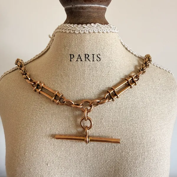 Heavy Antique 9ct Yellow Gold Rope and Bar Link Albert Chain — image 11